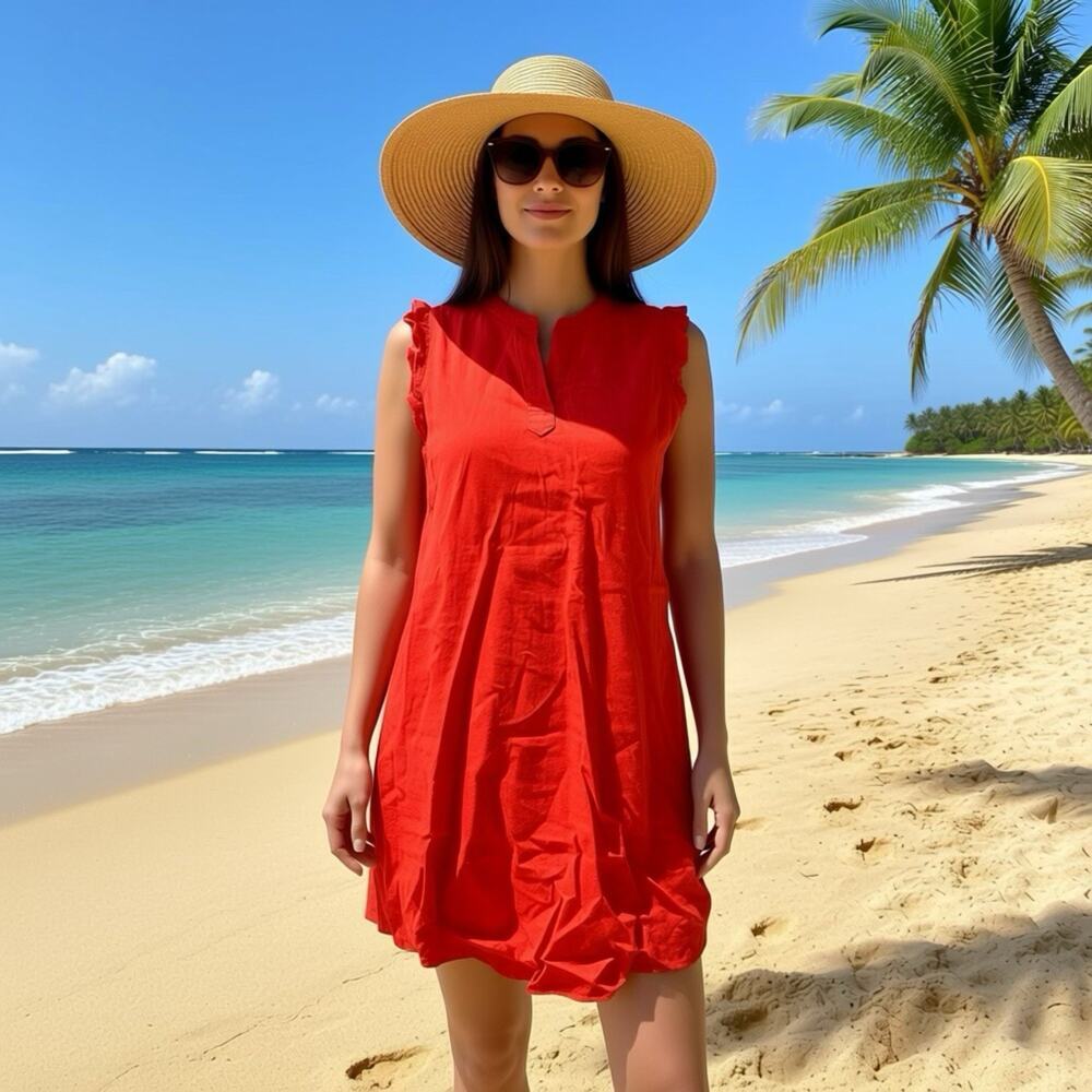 Women Shift Dress Size XS Linen Rayon Sleeveless V Neck Solid Rust Orange Casual